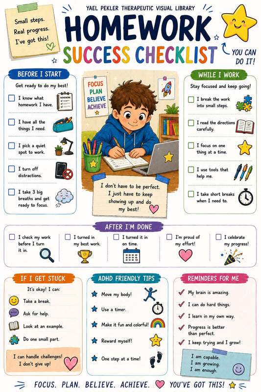 Homework Success Checklist printable, bright kids style