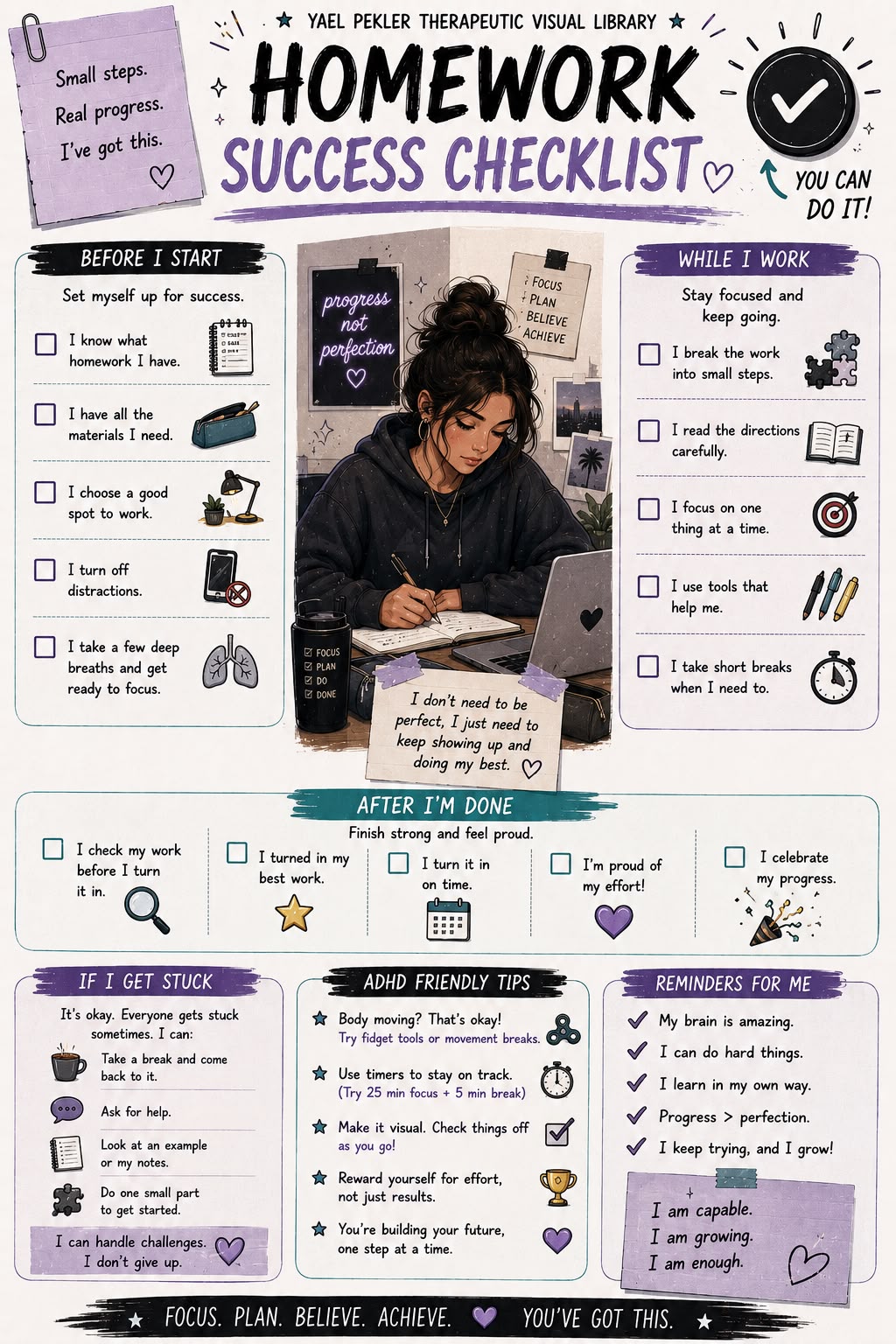 Homework Success Checklist printable, lavender style
